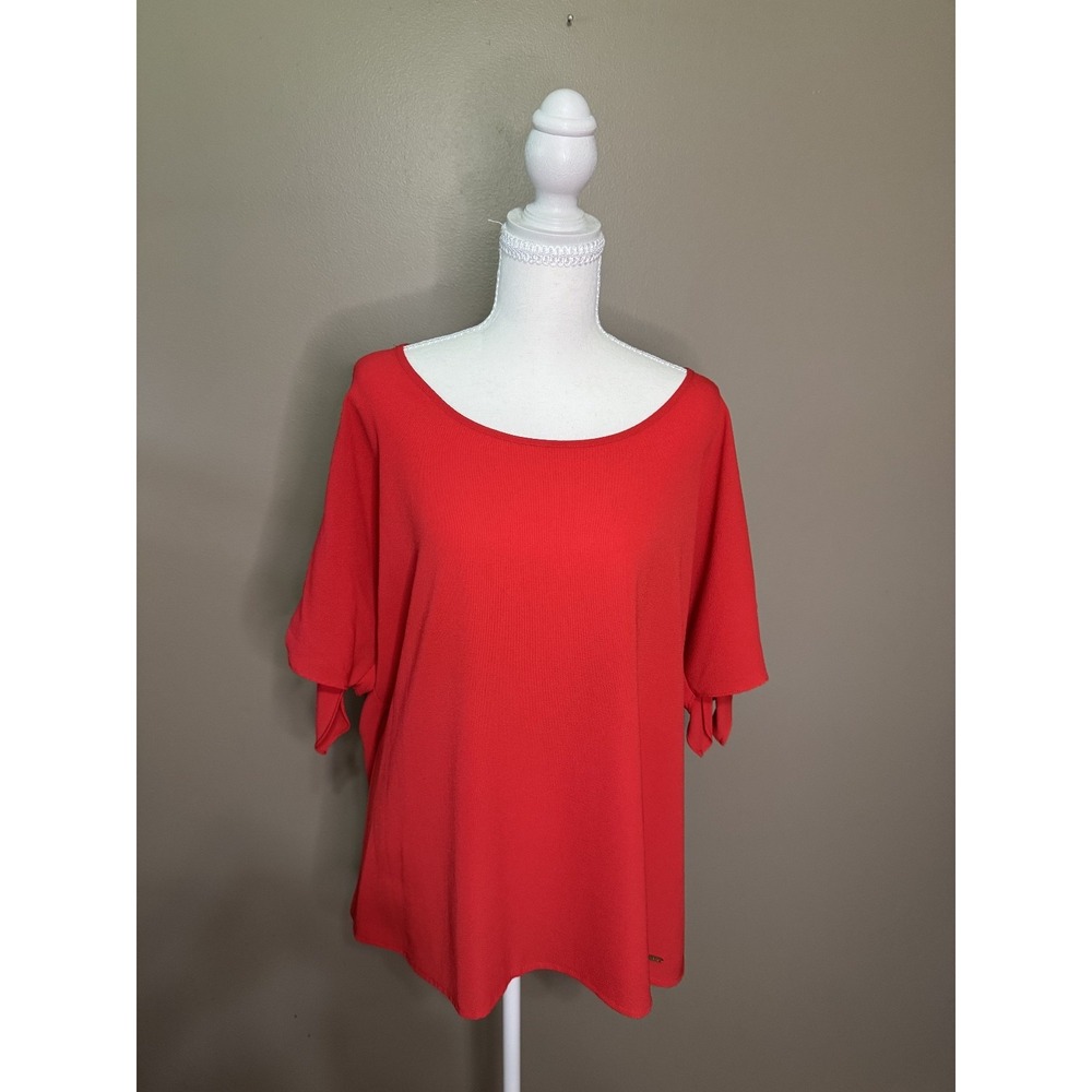 Michael Kors Red Short Sleeve Tie Detail Blouse Relaxed Fit Size L #1108